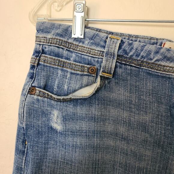 Lei Women's Blue Denim Skirt Distressed Pockets Embroidery Split in Back Y2K 7 - Picture 3 of 13